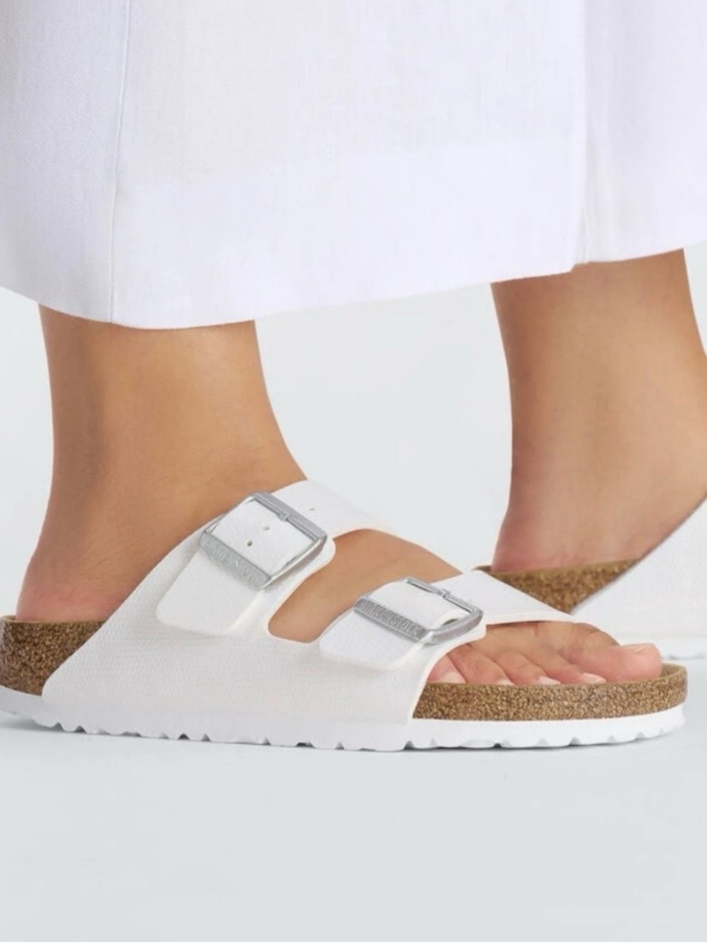 Birkenstock White Double-Strap Slide Sandal with Silver Buckles